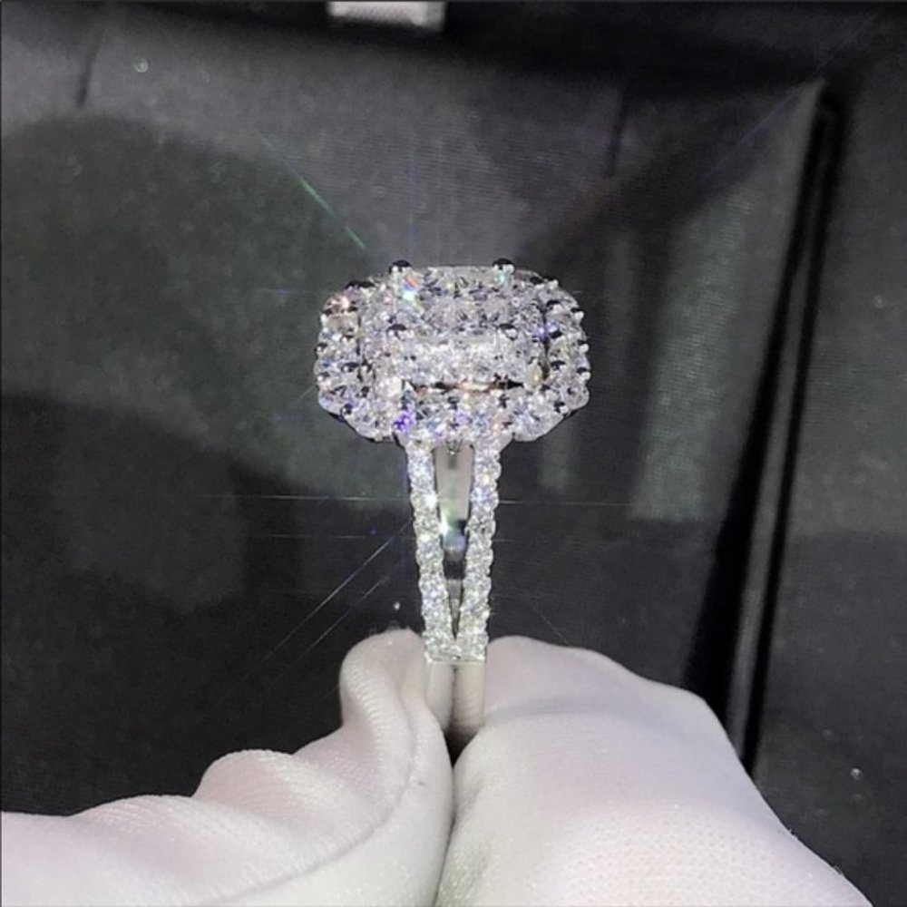 NEW💎925 Sterling Silver Diamond Halo Squar Ring - Picture 4 of 7
